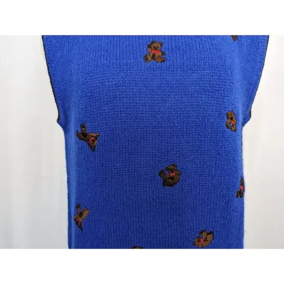 Vintage 80s Sweater Vest Blue Wool Teddy Bears Sleeveless Misses Size M - Picture 4 of 9